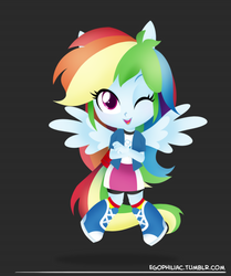 Size: 790x946 | Tagged: safe, artist:egophiliac, rainbow dash, equestria girls, g4, chibi, cute, dashabetes, female, one eye closed, ponied up, smiling, solo