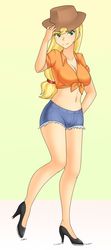 Size: 1280x2882 | Tagged: safe, artist:jonfawkes, applejack, human, g4, belly button, breasts, cleavage, clothes, commission, cowboy hat, dancing, female, front knot midriff, hat, high heels, humanized, looking at you, midriff, shirt, shoes, simple background, smiling, solo, stetson, tap dancing