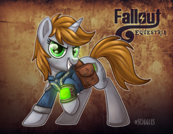 Size: 1024x791 | Tagged: safe, artist:sciggles, oc, oc only, oc:littlepip, pony, unicorn, fallout equestria, abstract background, clothes, cutie mark, fanfic, fanfic art, female, hooves, horn, jumpsuit, mare, pipbuck, raised hoof, saddle bag, smiling, solo, teeth, text, vault suit