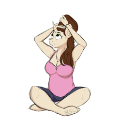 Size: 3000x3000 | Tagged: safe, artist:beashay, oc, oc only, oc:shay, unicorn, anthro, unguligrade anthro, armpits, clothes, crossed legs, female, high res, mare, simple background, sitting, solo, transparent background