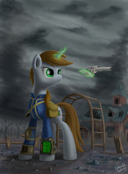 Size: 3700x5000 | Tagged: safe, artist:emeraldgalaxy, oc, oc only, oc:littlepip, pony, unicorn, fallout equestria, absurd resolution, clothes, dead tree, fanfic, fanfic art, female, frown, glowing horn, gun, handgun, hooves, horn, jumpsuit, levitation, little macintosh, looking away, magic, magic aura, mare, monkey bars, optical sight, overcast, pipboy, pipbuck, playground, revolver, ruins, saddle bag, solo, standing, telekinesis, tree, turned head, unicorn oc, vault suit, wasteland, weapon