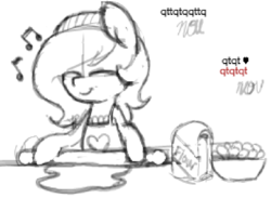 Size: 949x693 | Tagged: safe, artist:lockheart, oc, oc only, oc:lockie, pony, apron, bowl, clothes, egg, eyes closed, flour, monochrome, music notes, rolling pin, sketch, smiling, solo