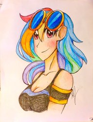 Size: 1024x1337 | Tagged: safe, artist:artfrog75, rainbow dash, human, clothes, female, goggles, humanized, solo, traditional art