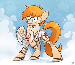 Size: 3500x3021 | Tagged: safe, artist:kez, oc, oc only, oc:sacred heart, pegasus, pony, high res, sky, solo, tongue out