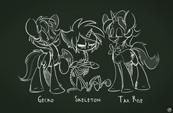 Size: 1500x975 | Tagged: safe, artist:kez, oc, oc only, oc:gecko, oc:skeleton, oc:tax raise, pegasus, pony, unicorn, bone, monochrome, skeleton