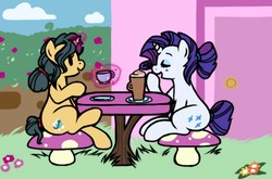 Size: 1115x738 | Tagged: safe, artist:breezietype, fresh coat, rarity, pony, unicorn, g4, 4chan, alternate hairstyle, chocolate, coffee, cup, door, drawthread, eyes closed, eyeshadow, female, flower, food, hot chocolate, levitation, magic, makeup, mare, missing accessory, open mouth, ponytail, saucer, sitting, smiling, table, telekinesis
