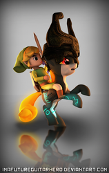 Size: 3103x4912 | Tagged: safe, artist:imafutureguitarhero, human, pegasus, pony, 3d, crossover, glowing mane, glowing tail, high res, horseback, humans riding ponies, link, midna, open mouth, ponified, rearing, reflection, riding, shield, source filmmaker, sword, the legend of zelda, the legend of zelda: twilight princess, toon link, weapon