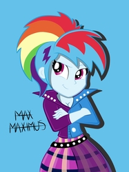 Size: 1936x2592 | Tagged: safe, artist:maxmaximu5, rainbow dash, equestria girls, g4, alternate hairstyle, blue background, clothes, female, simple background, skirt, solo