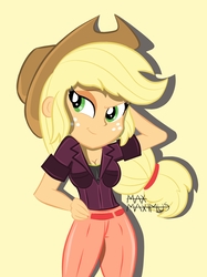 Size: 1936x2592 | Tagged: safe, artist:maxmaximu5, applejack, equestria girls, g4, clothes, female, simple background, solo, yellow background