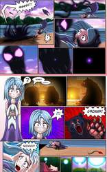 Size: 917x1468 | Tagged: safe, artist:mauroz, trixie, bear, pony, unicorn, comic:la magia de la amistad, g4, blood, comic, cropped, darkness, female, mare