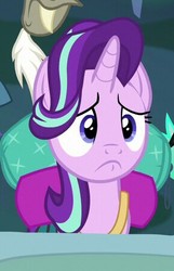 Size: 289x448 | Tagged: safe, screencap, discord, starlight glimmer, thorax, pony, unicorn, g4, to where and back again, :c, cropped, female, frown, mare, sad, solo focus