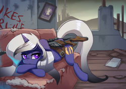 Size: 3000x2120 | Tagged: safe, artist:darksittich, oc, oc only, oc:lady midday, pony, unicorn, fallout equestria, anti-machine rifle, anti-materiel rifle, building, commission, couch, detailed background, female, graffiti, gun, high res, lying down, mare, scenery, solo, tunnel snakes rule, wasteland, weapon