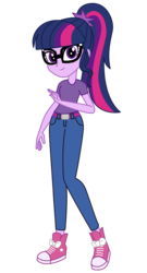 Size: 2700x5000 | Tagged: safe, artist:imperfectxiii, artist:razethebeast, edit, vector edit, sci-twi, twilight sparkle, equestria girls, g4, art trade, belt, clothes, converse, female, glasses, high res, pants, shoes, simple background, smiling, sneakers, solo, transparent background, vector