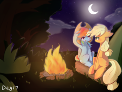Size: 1400x1050 | Tagged: safe, artist:irenla, applejack, rainbow dash, earth pony, pegasus, pony, g4, accessory swap, campfire, camping, cowboy hat, crescent moon, female, freckles, hat, lesbian, log, mare, moon, night, ship:appledash, shipping, sitting, stars, stetson, tent, tongue out, transparent moon
