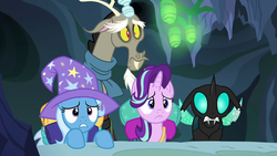 Size: 1280x720 | Tagged: safe, screencap, discord, starlight glimmer, thorax, trixie, changeling, draconequus, pony, unicorn, g4, to where and back again, reformed four