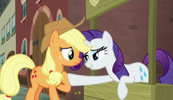 Size: 1280x738 | Tagged: safe, screencap, applejack, rarity, pony, g4, made in manehattan, booth, city