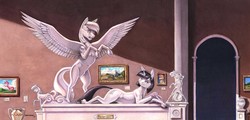Size: 1700x816 | Tagged: safe, artist:baron engel, oc, oc only, pegasus, pony, unicorn, colored pencil drawing, female, looking back, mare, nudity, prone, rearing, sheath, smiling, solo, statue, traditional art