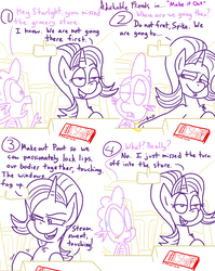 Size: 1280x1611 | Tagged: safe, artist:adorkabletwilightandfriends, spike, starlight glimmer, dragon, pony, unicorn, comic:adorkable twilight and friends, g4, adorkable friends, blushing, car, chest fluff, comic, dialogue, flirting, implied sparlight, lidded eyes, lineart, map, slice of life, smiling, sweat, teasing, volvo