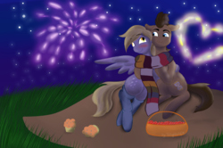 Size: 1024x678 | Tagged: safe, artist:twilightwolf91, derpy hooves, doctor whooves, time turner, earth pony, pony, g4, blushing, clothes, female, heart, male, mare, night, picnic, scarf, ship:doctorderpy, shipping, socks, stallion, straight