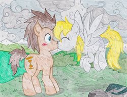 Size: 1024x788 | Tagged: safe, artist:pixiedustandfairies, derpy hooves, doctor whooves, time turner, earth pony, pegasus, pony, g4, blushing, eyes closed, female, kissing, male, mare, ship:doctorderpy, shipping, stallion, straight, traditional art