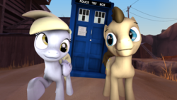 Size: 1024x576 | Tagged: safe, artist:goldenmatt15, derpy hooves, doctor whooves, time turner, earth pony, pony, g4, 3d, doctor who, female, male, ship:doctorderpy, shipping, straight, tardis, the doctor