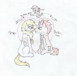 Size: 3487x3427 | Tagged: safe, artist:foxtrot3, derpy hooves, doctor whooves, time turner, earth pony, pony, g4, female, high res, male, ship:doctorderpy, shipping, straight, traditional art