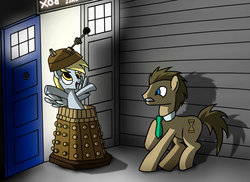 Size: 1280x934 | Tagged: safe, artist:papygai4ik, derpy hooves, doctor whooves, time turner, earth pony, pony, g4, dalek, doctor who, tardis, tardis console room, tardis control room, the doctor