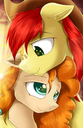 Size: 3300x5100 | Tagged: safe, artist:spiritofthwwolf, bright mac, pear butter, earth pony, pony, g4, the perfect pear, female, male, mare, ship:brightbutter, shipping, smiling, stallion, straight