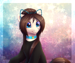 Size: 1300x1100 | Tagged: safe, artist:fenwaru, oc, oc only, oc:mira, pony, abstract background, clothes, collar, commission, female, mare, shirt, sitting, smiling, solo