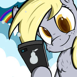 Size: 1500x1500 | Tagged: safe, artist:parassaux, derpy hooves, pegasus, pony, g4, cellphone, cloud, hoof hold, iphone, phone, rainbow, selfie, smartphone, smiling, solo