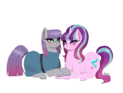 Size: 2048x1536 | Tagged: safe, artist:otakuimayaiexe, maud pie, starlight glimmer, earth pony, pony, unicorn, g4, female, holding hooves, lesbian, mare, shipping, simple background, starmaud, white background