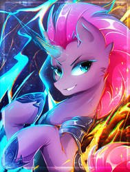Size: 1816x2400 | Tagged: safe, artist:koveliana, tempest shadow, pony, unicorn, g4, my little pony: the movie, broken horn, chromatic aberration, color porn, female, horn, looking at you, mare, smiling, solo