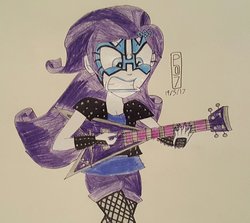 Size: 947x843 | Tagged: safe, artist:dncsamsonart, rarity, equestria girls, g4, badass, clothes, female, fishnet stockings, flying v, guitar, guitarity, hairpin, jacket, leather jacket, metal, musical instrument, nail polish, rock (music), simple background, solo, spiked wristband, torn clothes, traditional art, wristband