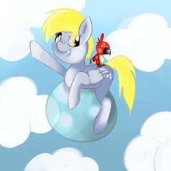 Size: 4000x4000 | Tagged: safe, artist:soulrainbow, derpy hooves, parrot, pegasus, pony, g4, adventure, bubble, cloud, sky