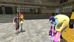 Size: 1600x900 | Tagged: safe, artist:trainloco505, sci-twi, sunset shimmer, twilight sparkle, oc, equestria girls, g4, 3d, gmod, scout (tf2), team fortress 2