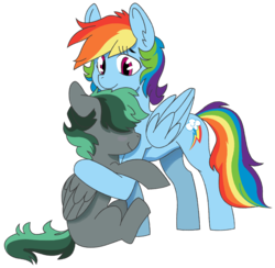 Size: 1000x977 | Tagged: safe, artist:dbkit, rainbow dash, oc, oc:misty, pegasus, pony, g4, blushing, duo, female, gift art, hair over eyes, hug, offspring, parent:dumbbell, parent:rainbow dash, simple background, sitting, smiling, transparent background