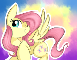 Size: 1400x1080 | Tagged: safe, artist:lcpegasister75, fluttershy, pegasus, pony, g4, ;p, female, looking sideways, mare, one eye closed, smiling, solo, spread wings, tongue out, wings, wink
