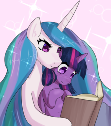 Size: 5022x5714 | Tagged: safe, artist:acharmingpony, princess celestia, twilight sparkle, alicorn, pony, g4, absurd resolution, blushing, book, female, lesbian, mare, reading, ship:twilestia, shipping, twilight sparkle (alicorn)