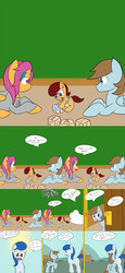 Size: 2400x5200 | Tagged: safe, artist:jake heritagu, chip mint, rain catcher, scootaloo, oc, oc:clearwater, oc:lightning blitz, pegasus, pony, comic:ask motherly scootaloo, g4, baby, baby pony, blocks, colt, comic, dialogue, father and son, female, hairpin, male, mother and son, motherly scootaloo, offspring, older, older scootaloo, parent:rain catcher, parent:scootaloo, parents:catcherloo, speech bubble, sweatshirt, toy, toy car