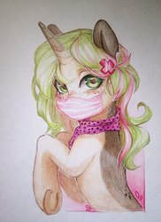 Size: 1358x1866 | Tagged: safe, artist:aphphphphp, oc, oc only, pony, unicorn, clothes, coat markings, female, mare, mask, pale belly, pinto, scarf, solo, traditional art
