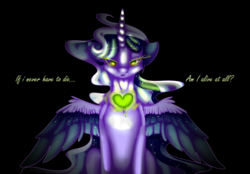 Size: 4320x3000 | Tagged: safe, artist:darsiaradianthorner, oc, oc only, oc:darsia horner, alicorn, pony, alicorn oc, black background, colored wings, drama, green light, heart, immortality blues, simple background, song, text