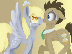 Size: 1186x888 | Tagged: safe, artist:o-alex-white-o, derpy hooves, doctor whooves, time turner, earth pony, pegasus, pony, g4, boop, crying, female, male, mare, noseboop, open mouth, ship:doctorderpy, shipping, stallion, straight, sweat, sweatdrop