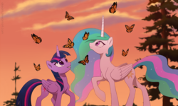 Size: 1800x1080 | Tagged: safe, artist:akeahi, princess celestia, twilight sparkle, alicorn, butterfly, monarch butterfly, pony, g4, female, mare, raised hoof, smiling, tree, twilight sparkle (alicorn)