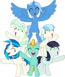 Size: 1024x1202 | Tagged: dead source, safe, artist:marian9, coco pommel, coloratura, dj pon-3, lightning dust, trixie, vapor trail, vinyl scratch, alicorn, earth pony, pegasus, pony, unicorn, all bottled up, g4, alternate mane six, bipedal, cute, eyes closed, female, happy, mare, race swap, simple background, story included, transparent background, trixiecorn, vector