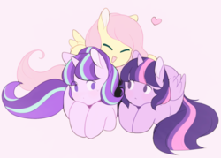 Size: 1273x913 | Tagged: dead source, safe, artist:serafelis, fluttershy, starlight glimmer, twilight sparkle, alicorn, pegasus, pony, unicorn, g4, cuddling, cute, eyes closed, female, heart, looking at each other, mare, no pupils, open mouth, pink background, prone, shyabetes, simple background, smiling, sweat, sweatdrop, trio, twilight sparkle (alicorn)