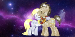 Size: 1366x685 | Tagged: safe, artist:mlpsonic156, derpy hooves, doctor whooves, time turner, g4, clothes, eyes closed, female, male, mare, scarf, ship:doctorderpy, shipping, stallion, straight, wallpaper