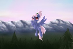 Size: 5167x3444 | Tagged: safe, artist:rameslack, oc, oc only, pegasus, pony, female, fir tree, flying, looking at you, mare, mountain, pine tree, scenery, solo, tree