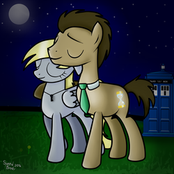 Size: 1000x1000 | Tagged: safe, artist:speedbrody, derpy hooves, doctor whooves, time turner, earth pony, pony, g4, doctor who, eyes closed, female, jewelry, key, male, mare, necklace, ship:doctorderpy, shipping, stallion, straight, tardis