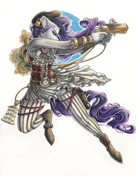 Size: 616x800 | Tagged: safe, artist:chasingthesilverstag, rarity, unicorn, anthro, unguligrade anthro, g4, action pose, badass, beautiful, clothes, female, gun, mare, signature, simple background, solo, steampunk, weapon, white background