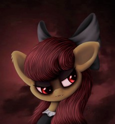Size: 1996x2158 | Tagged: safe, artist:rameslack, apple bloom, earth pony, pony, vampire, g4, bust, clothes, fangs, female, portrait, solo